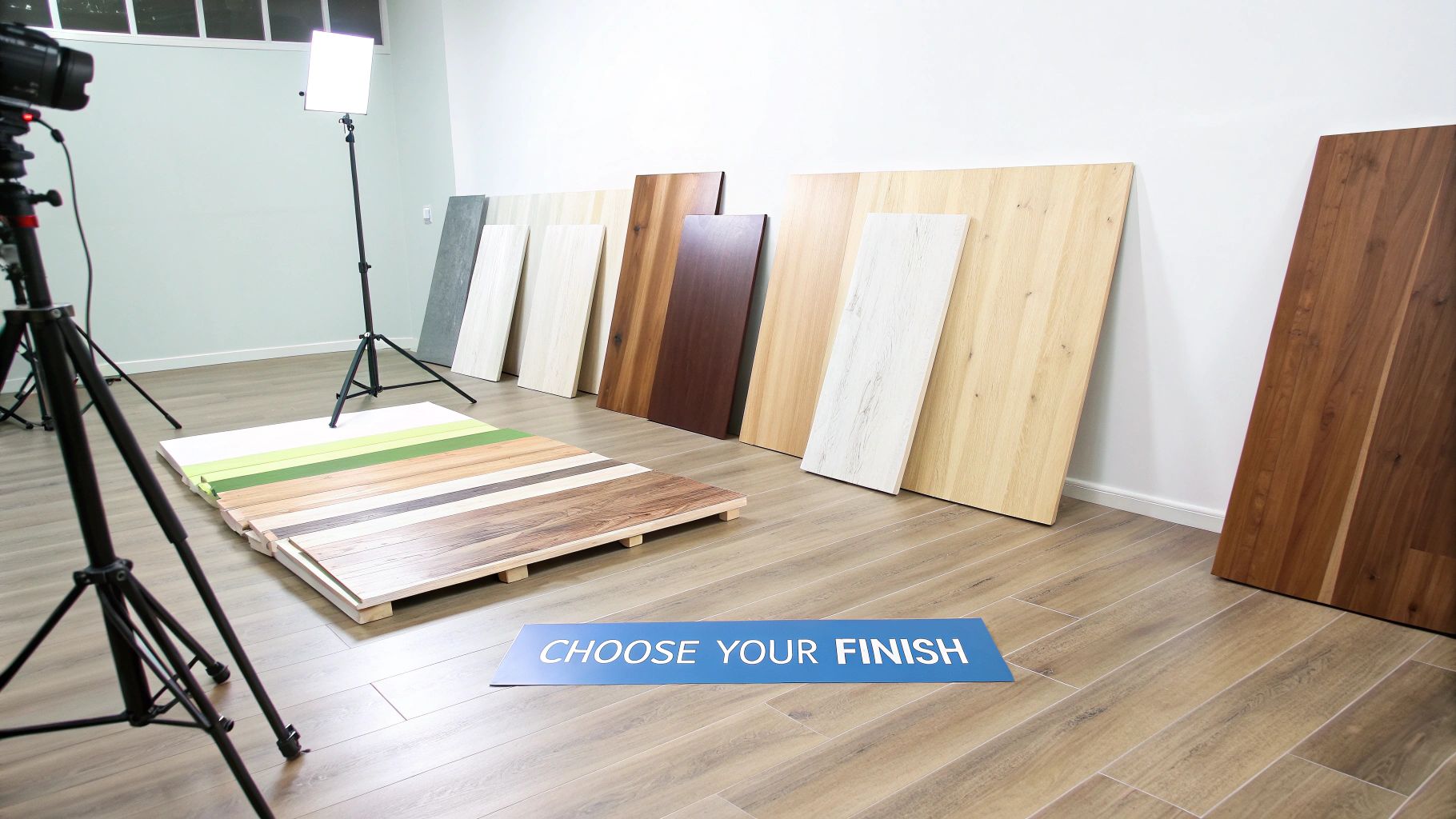 A professional studio setup with various wood and material finish samples on display for product photography.