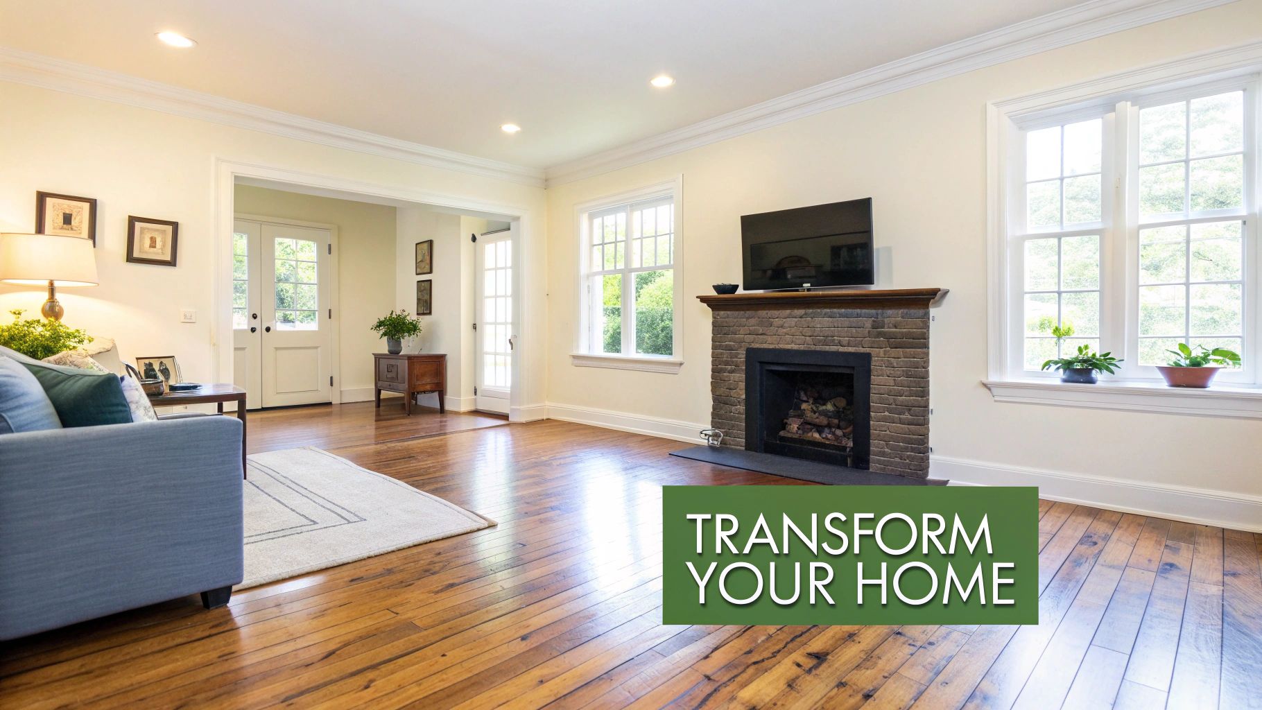 A well-lit living room with rich hardwood floors, a blue sofa, a fireplace, and bright windows.
