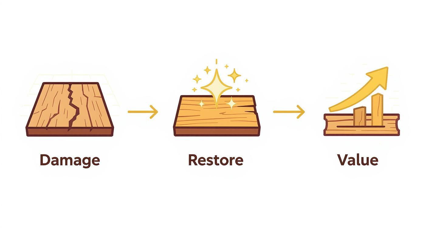 An illustration showing a damaged wooden floor plank being restored, leading to increased value.