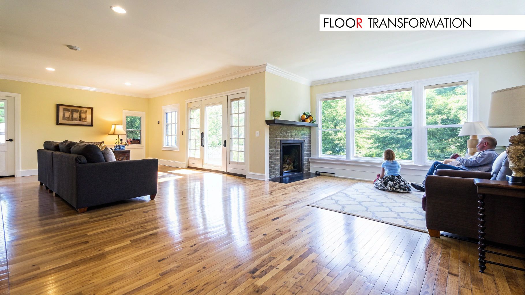A bright living room with shiny hardwood floors, a dark sofa, fireplace, and large windows.