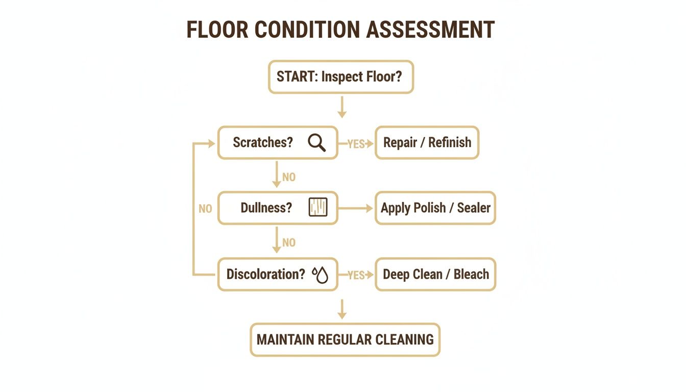 Flowchart for floor condition assessment, guiding users through steps for scratches, dullness, and discoloration.