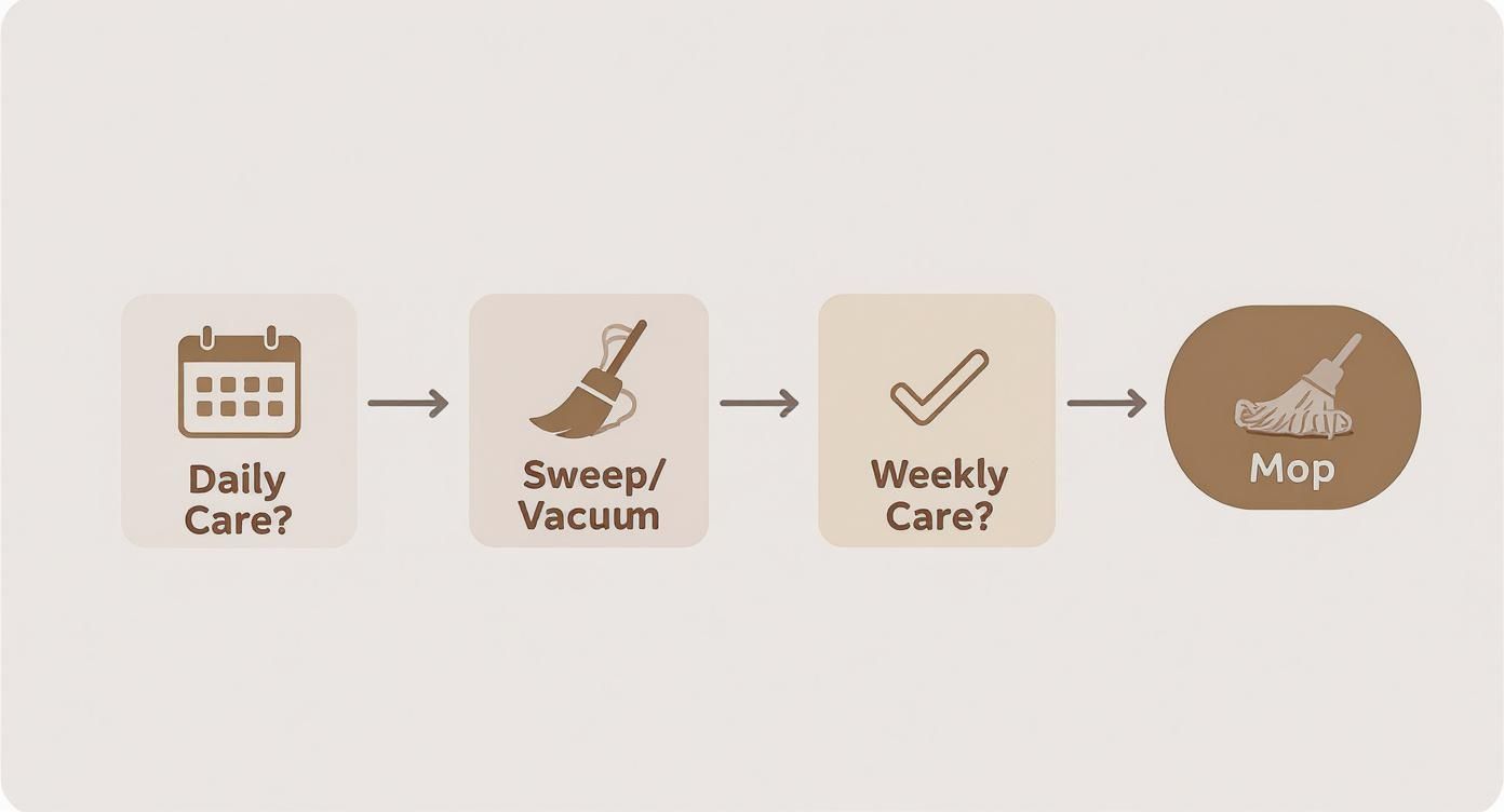 Hardwood floor cleaning maintenance schedule showing daily sweeping, weekly care, and mopping routine flowchart