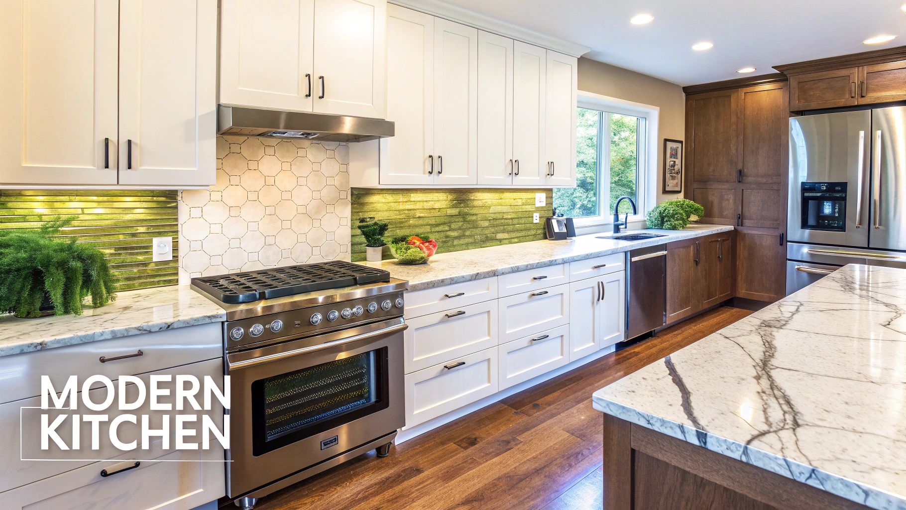 A modern, bright kitchen with clean countertops and a simple backsplash, demonstrating high-impact upgrades.
