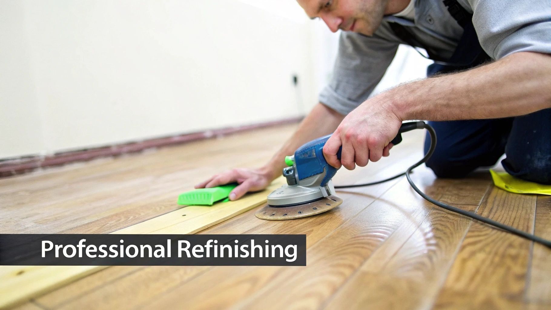 A professional applying finish to a newly sanded hardwood floor.