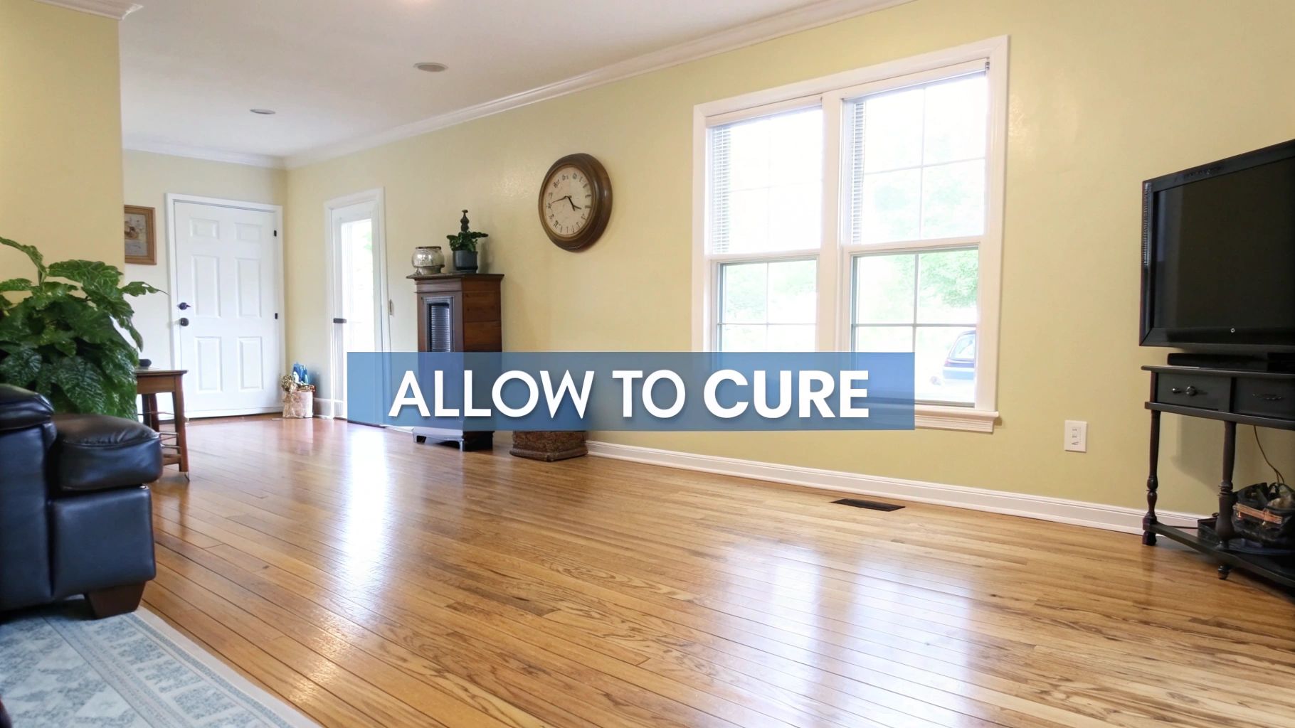 Freshly finished hardwood floors in a bright living room, with a blue banner displaying "ALLOW TO CURE".