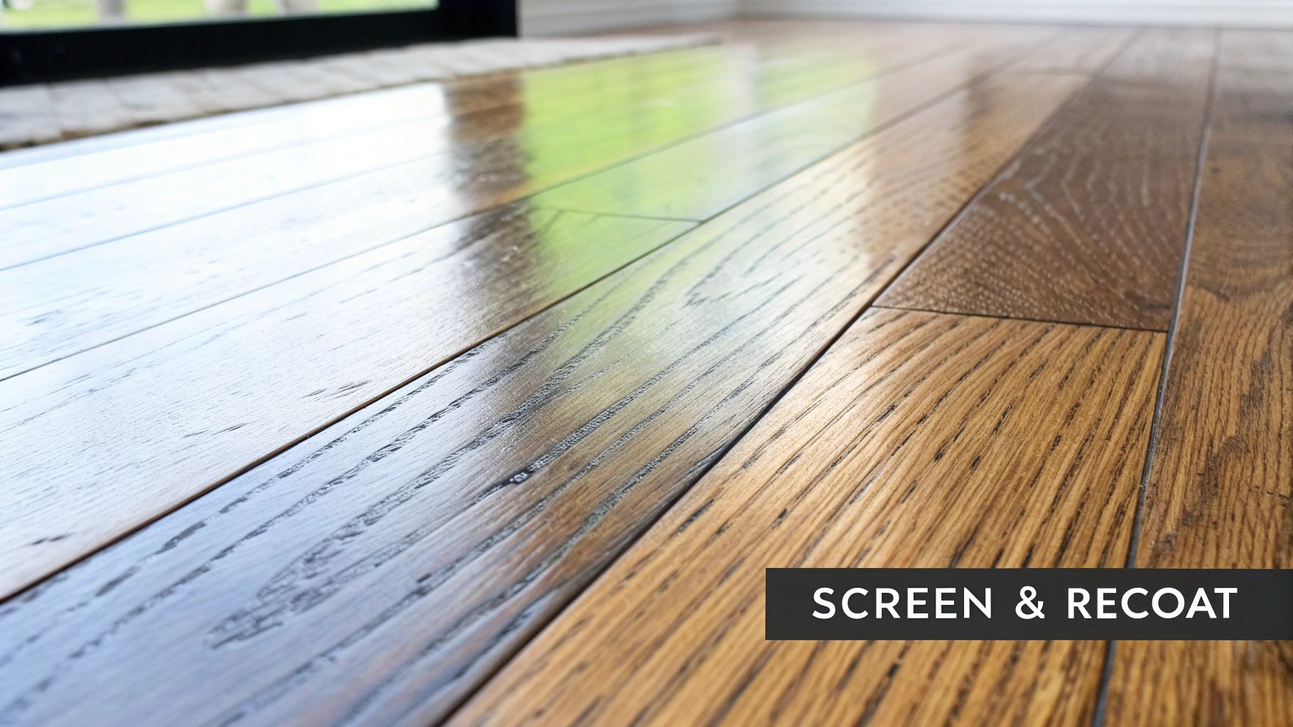 Close-up of newly screened and recoated shiny hardwood floors, showing reflections from a window.