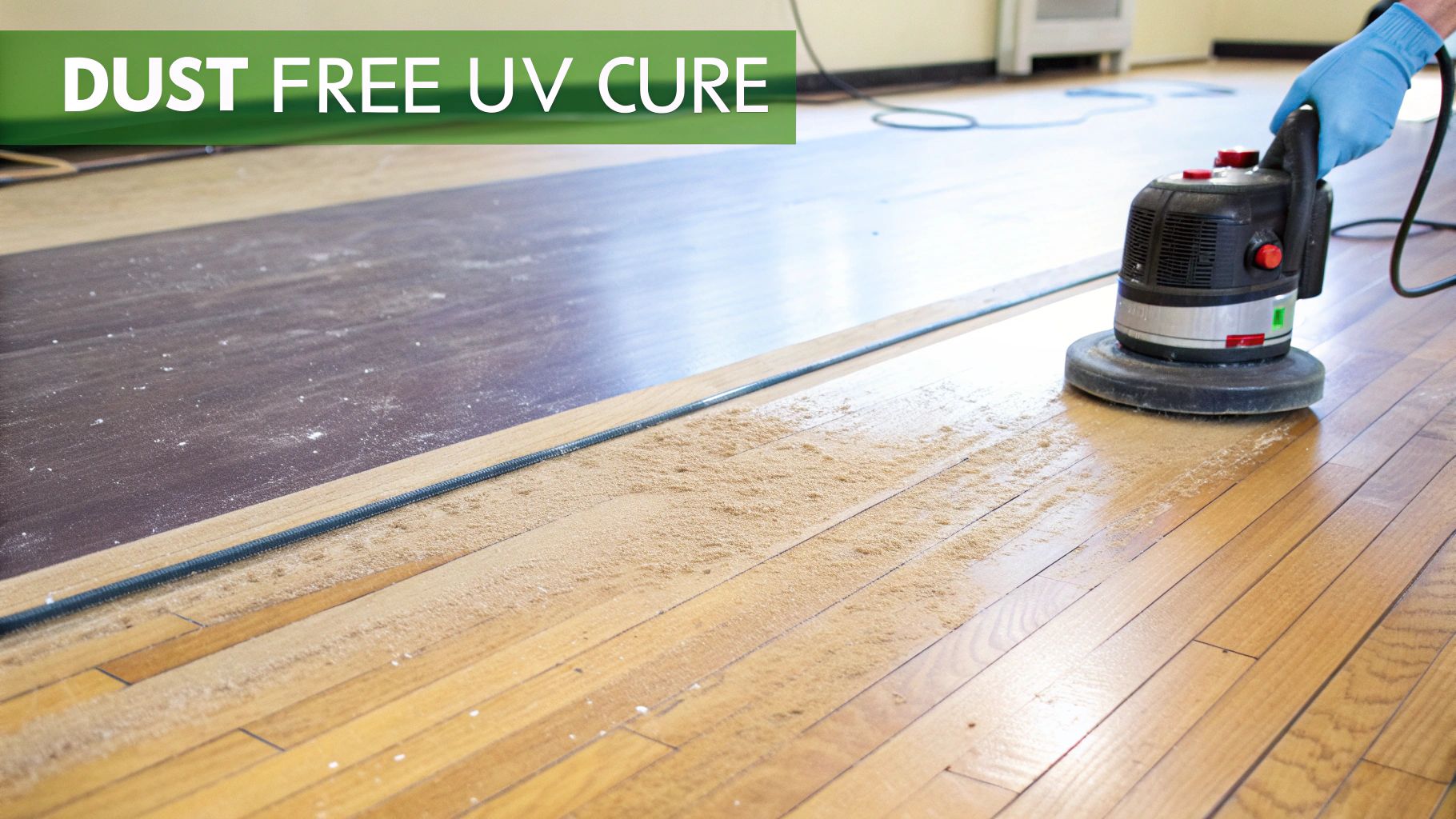 A person in blue gloves operates a floor sander on a wooden floor, emphasizing dust-free UV cure refinishing.