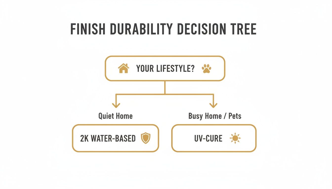 A finish durability decision tree flowchart. Choose between 2K water-based for quiet homes or UV-cure for busy homes and pets.
