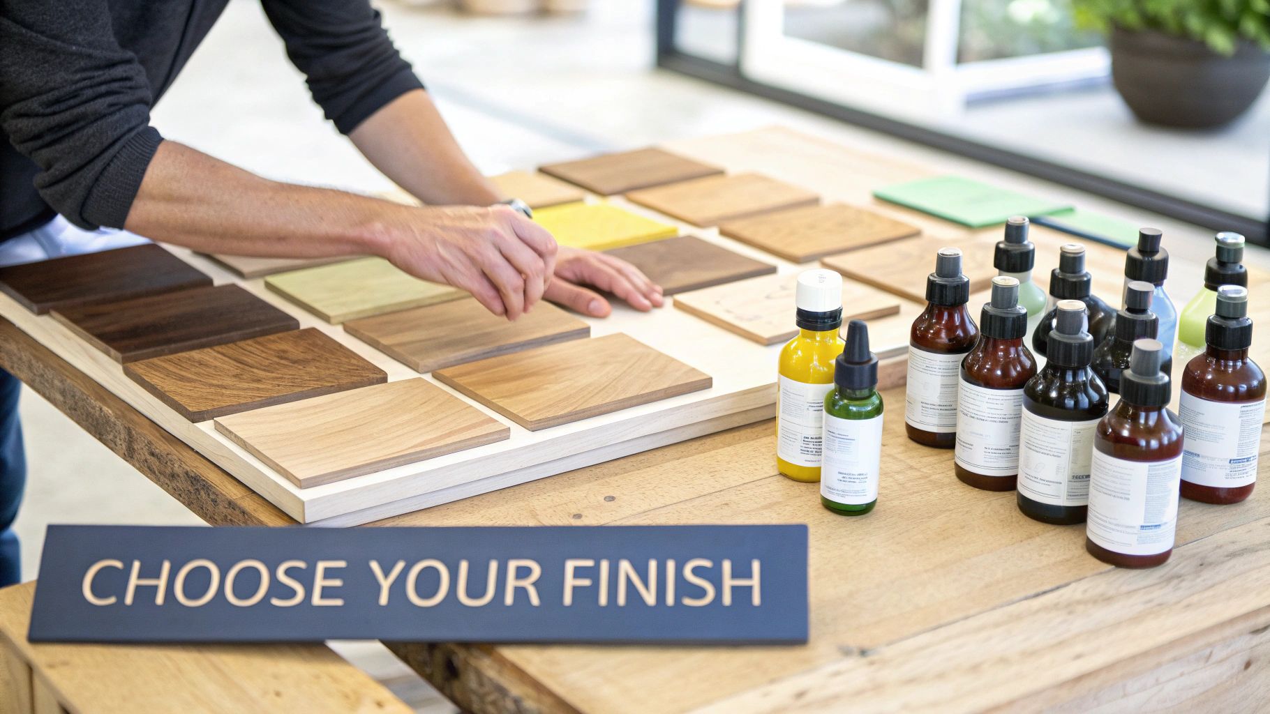 Person choosing from various wood finish samples and bottles on a table with a 'Choose Your Finish' sign.