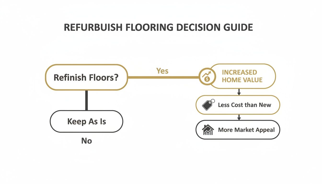 A flowchart decision guide for refurbishing flooring, asking 'Refinish Floors?' and outlining benefits.