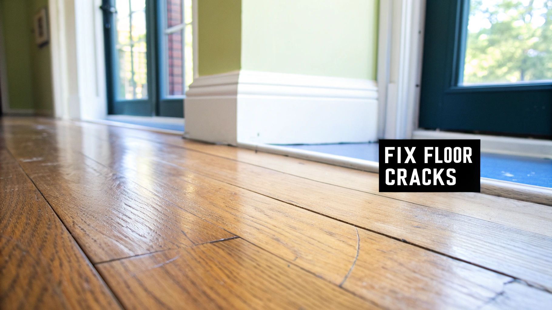 Close-up of a glossy hardwood floor showing visible cracks, with a room and window in the blurred background.