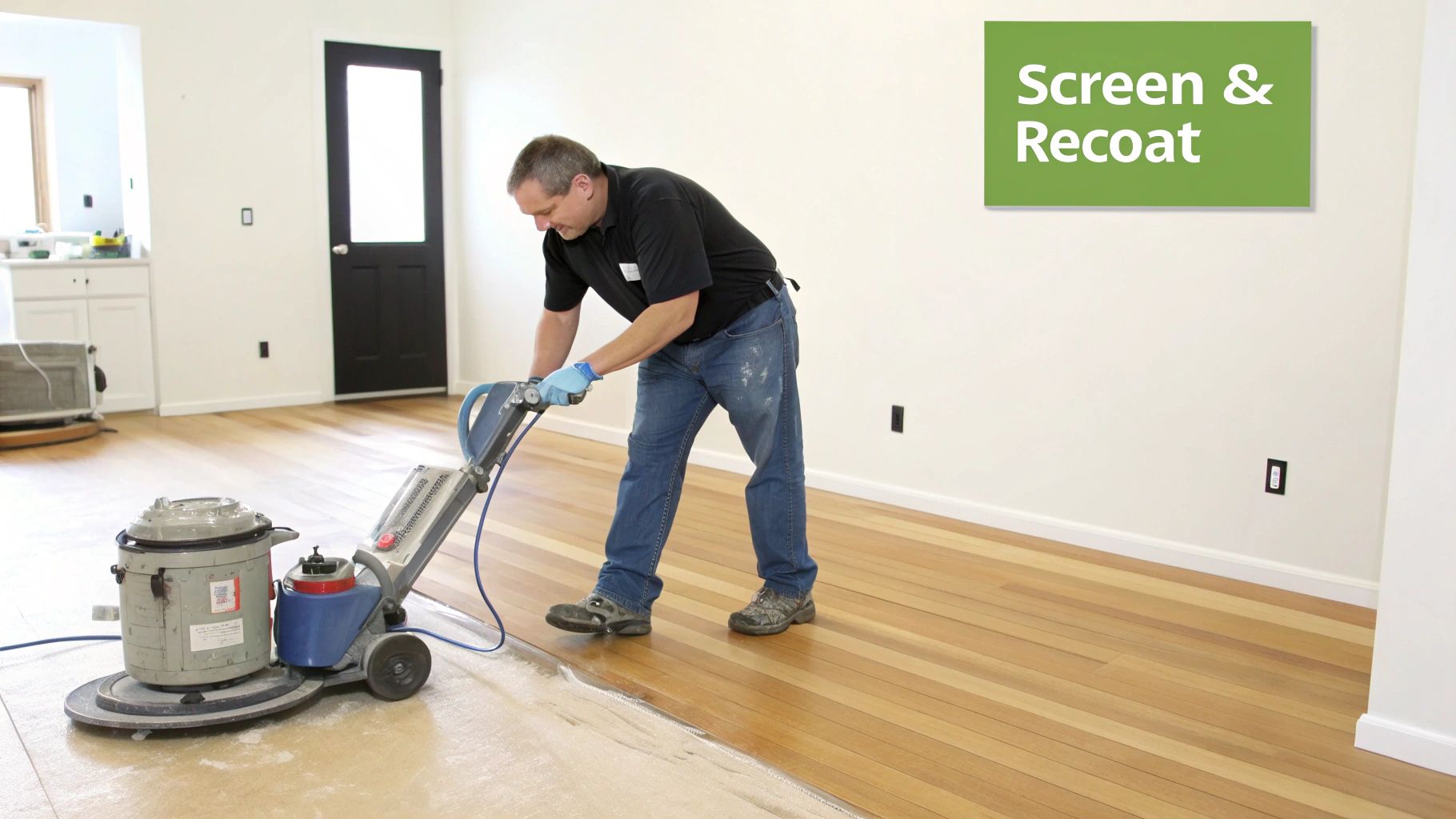 A man screens and recoats a beautiful hardwood floor with a professional floor buffer, restoring its shine.