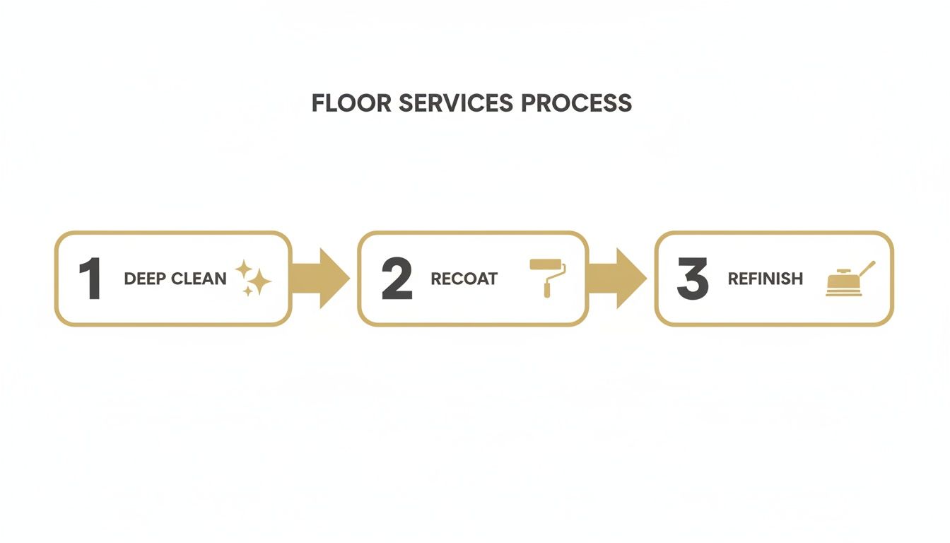 Diagram showing the three-step floor services process: deep clean, recoat, and refinish.