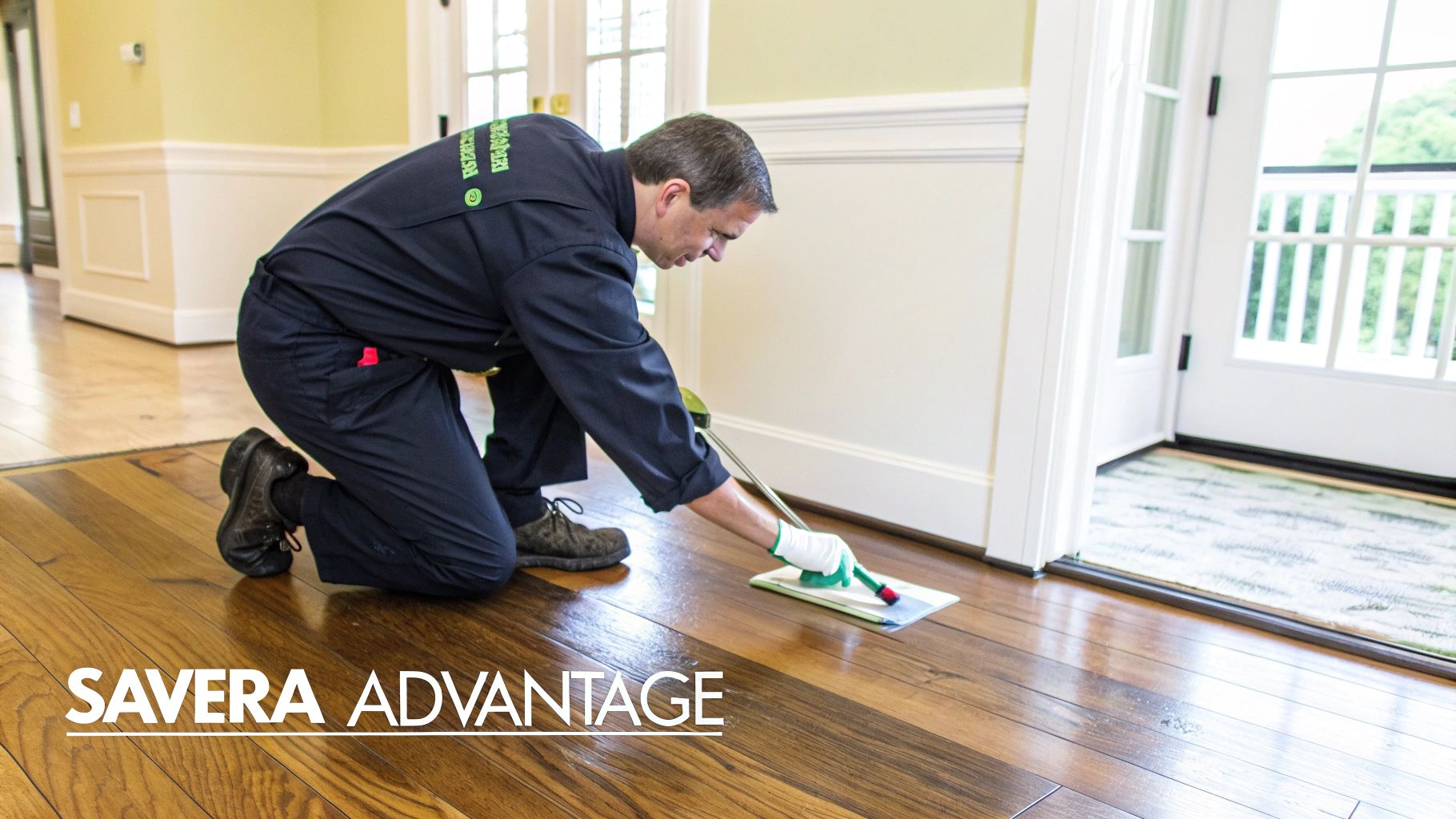 A skilled Savera technician operates a dustless sanding machine on a hardwood floor, with a powerful HEPA vacuum system attached.