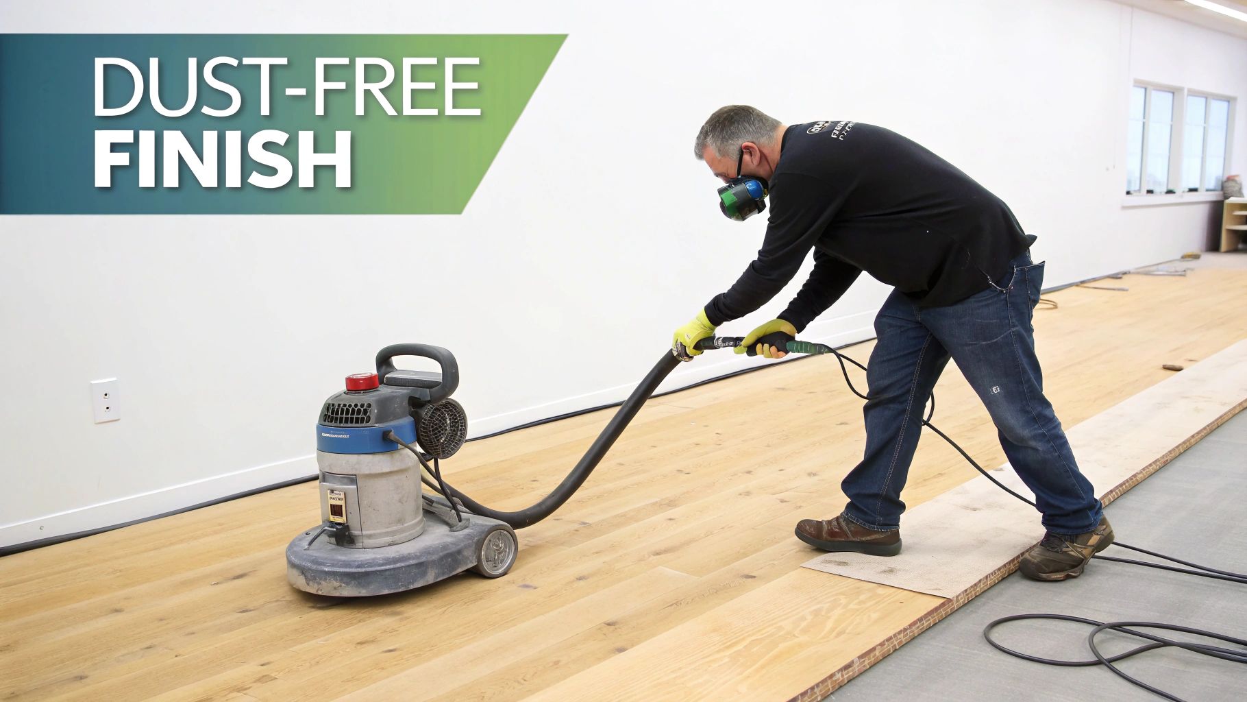 A technician using a UV-curing machine on a newly finished hardwood floor, showing the instant hardening process.
