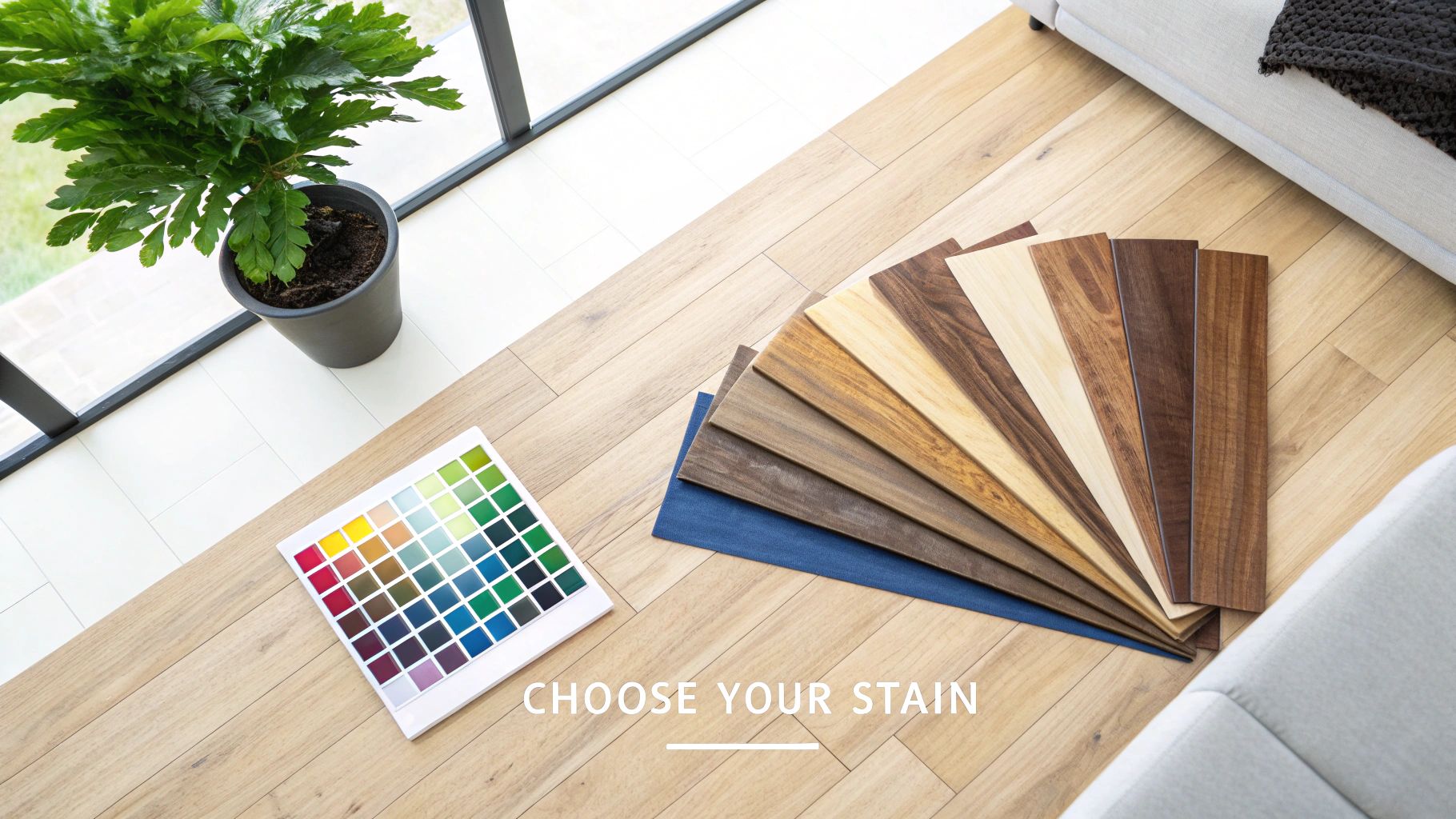 A selection of wood stain samples and a color palette displayed on a wooden floor.