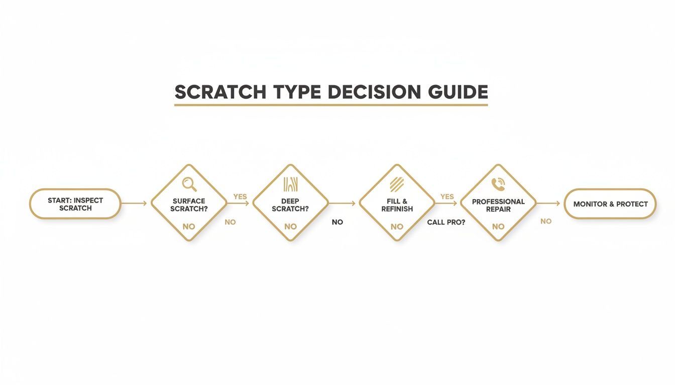 A flowchart titled 'Scratch Type Decision Guide' illustrating steps from inspection to repair or monitoring.