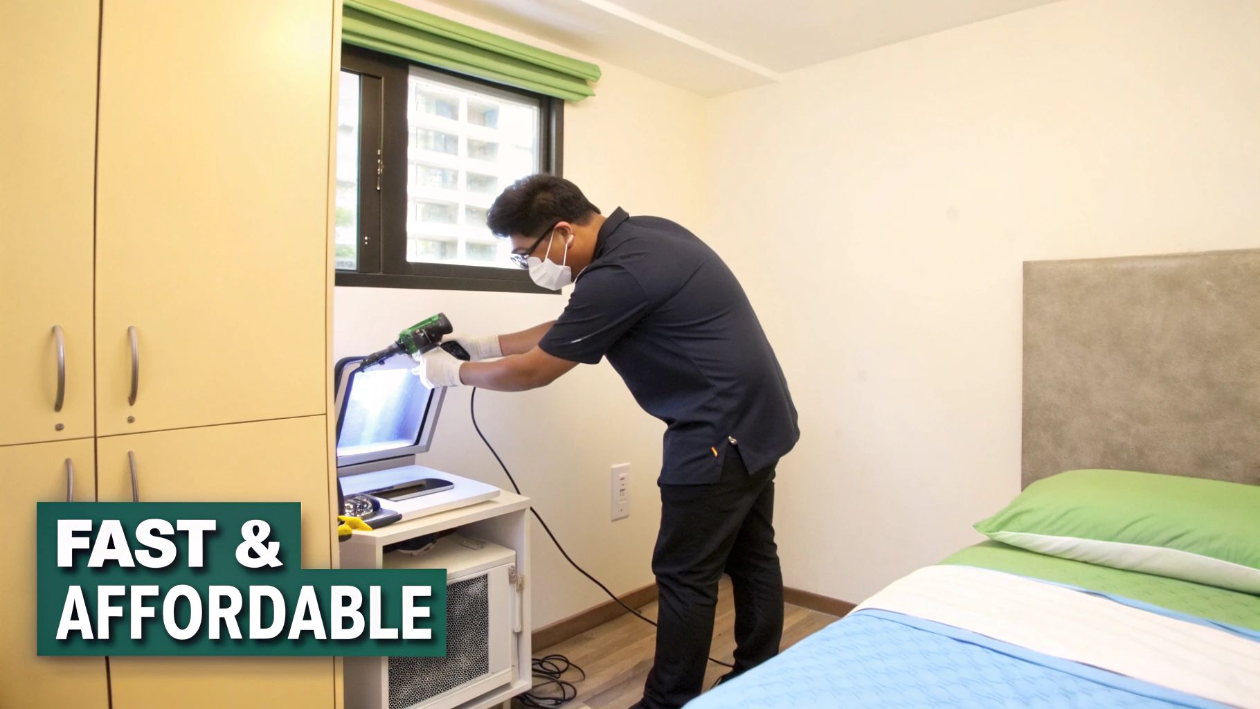 A masked technician in gloves performs disinfection service on a device next to a window in a bedroom.