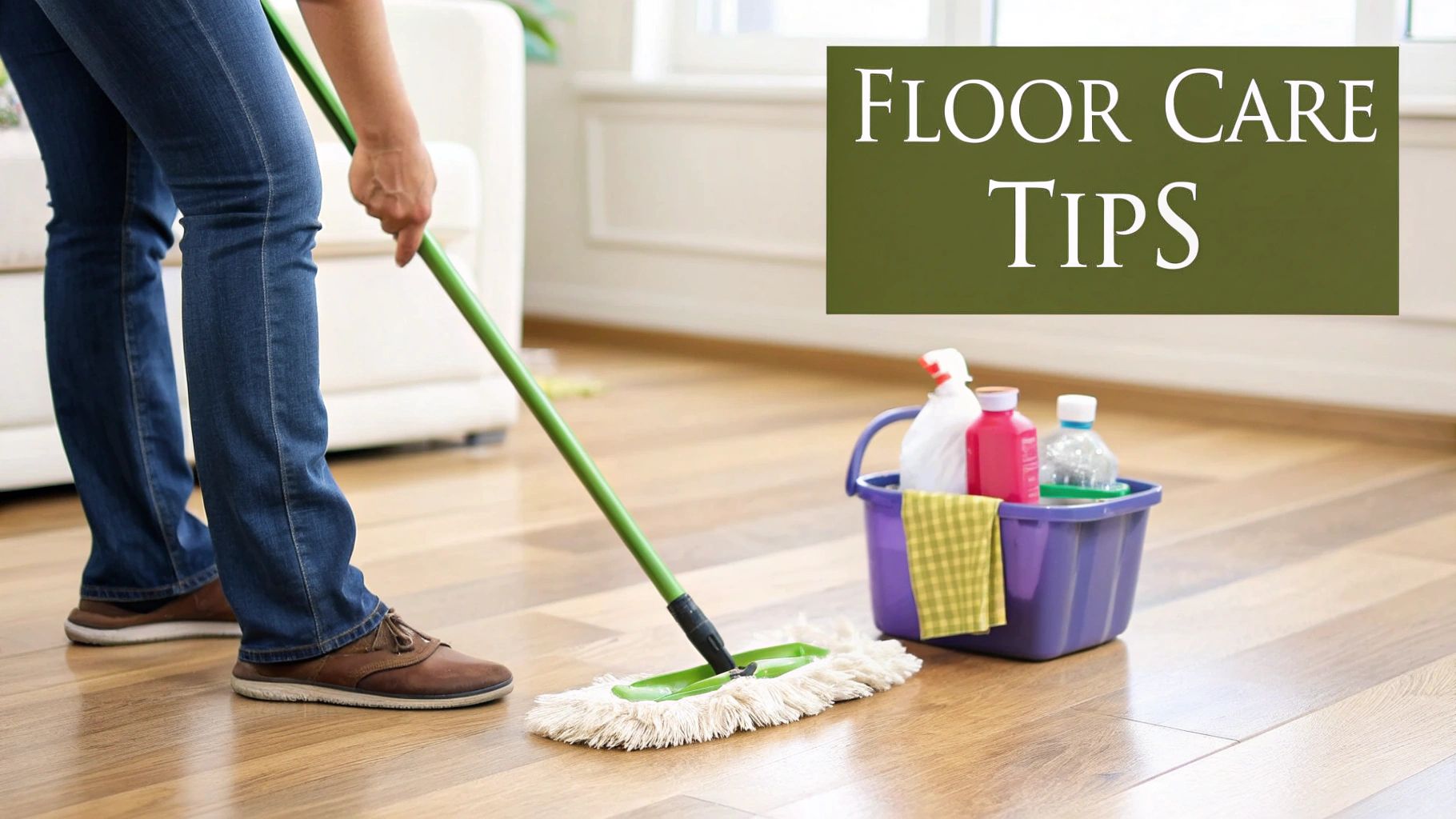 A person mops a clean hardwood floor with a green mop, with cleaning supplies and 'FLOOR CARE TIPS' text.