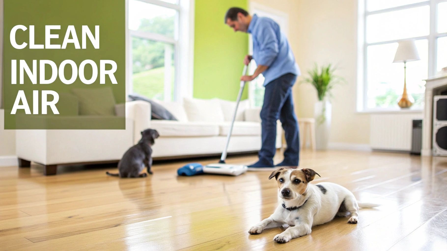 A man vacuums a wooden floor in a clean living room with two dogs, promoting clean indoor air.