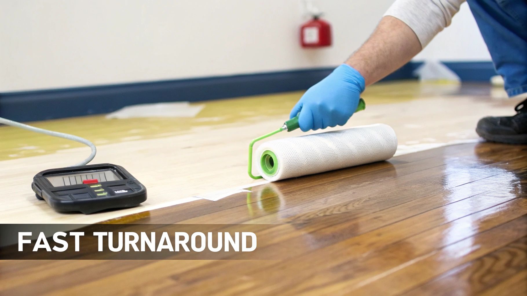 A person in blue gloves applies a clear protective coating to a hardwood floor with a roller, beside a moisture meter.
