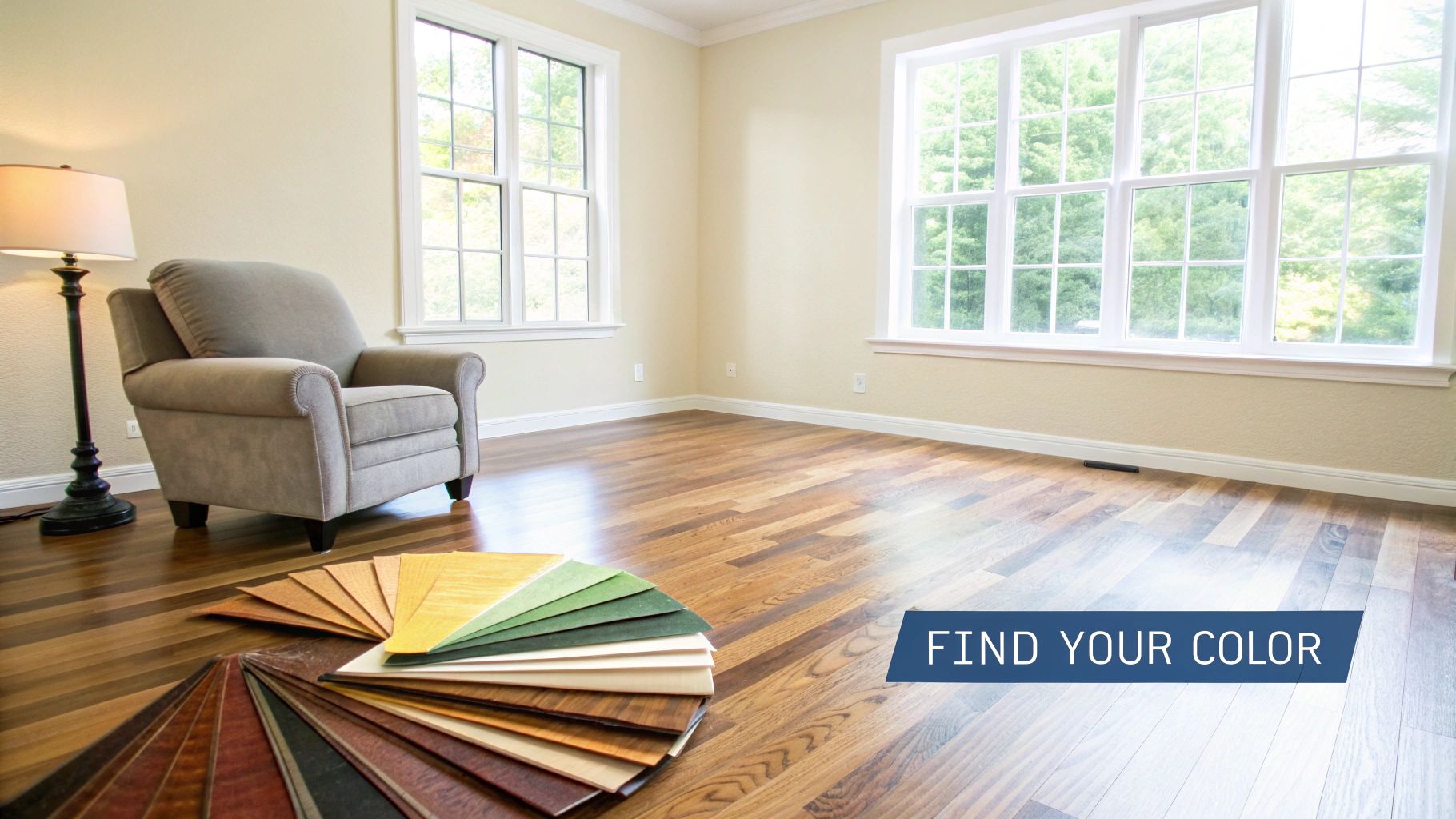 Hardwood floor color samples fanned out on a glossy floor, next to a cozy armchair.