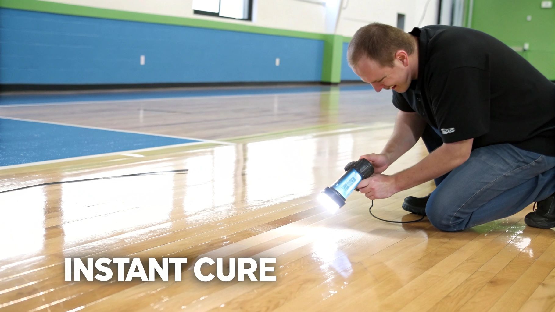 Man kneeling on a shiny wooden gymnasium floor, using a light tool to cure a coating, with "INSTANT CURE" text.