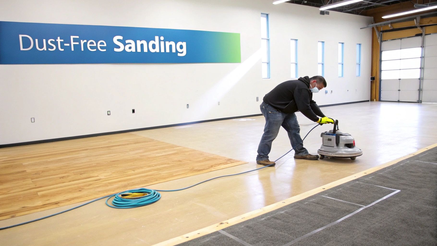 A hardwood floor being refinished with modern sanding equipment.