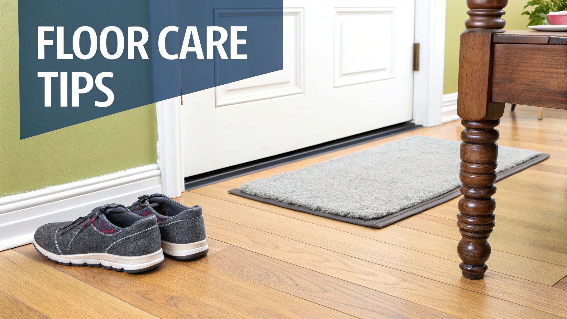 A pair of sneakers and a grey mat on a polished wooden floor near a white door, illustrating floor care.