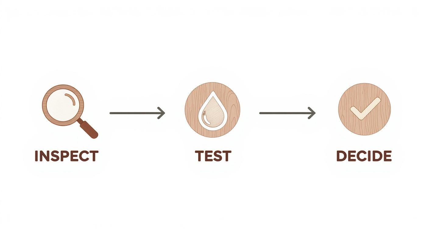 A three-step process diagram: inspect (magnifying glass), test (water droplet), and decide (checkmark).