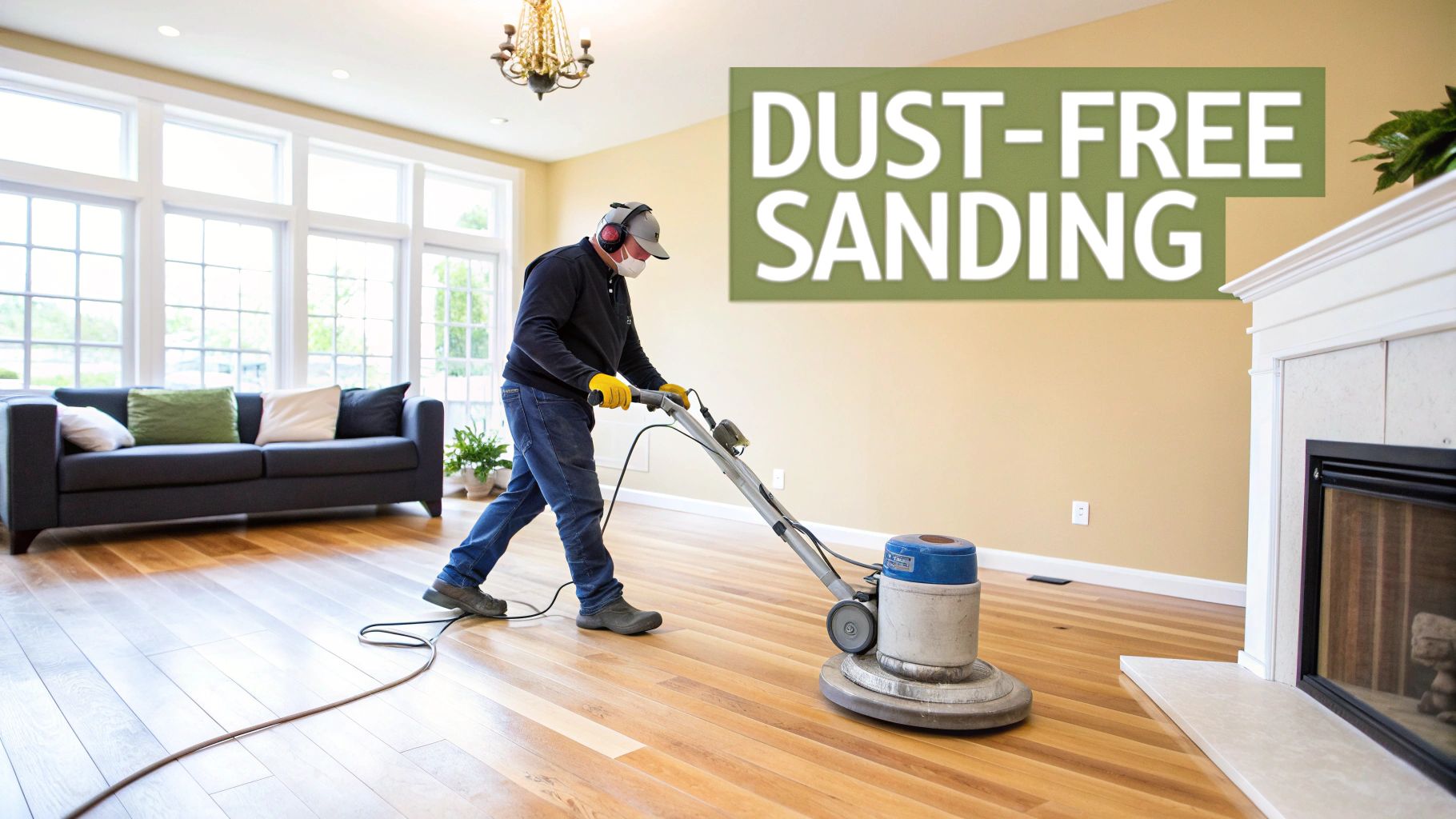 Man in protective gear using a dust-free floor sander on a hardwood floor in a bright room.