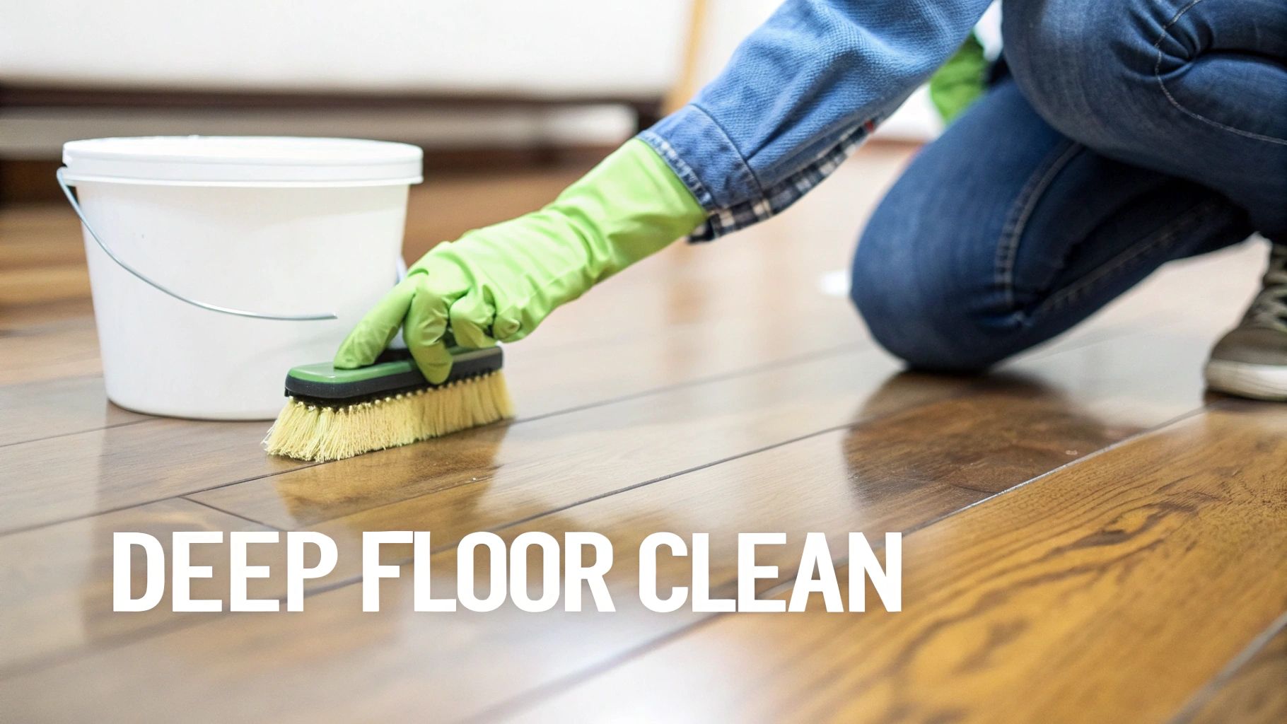 A person in green gloves scrubs a shiny hardwood floor with a brush, next to a white bucket.
