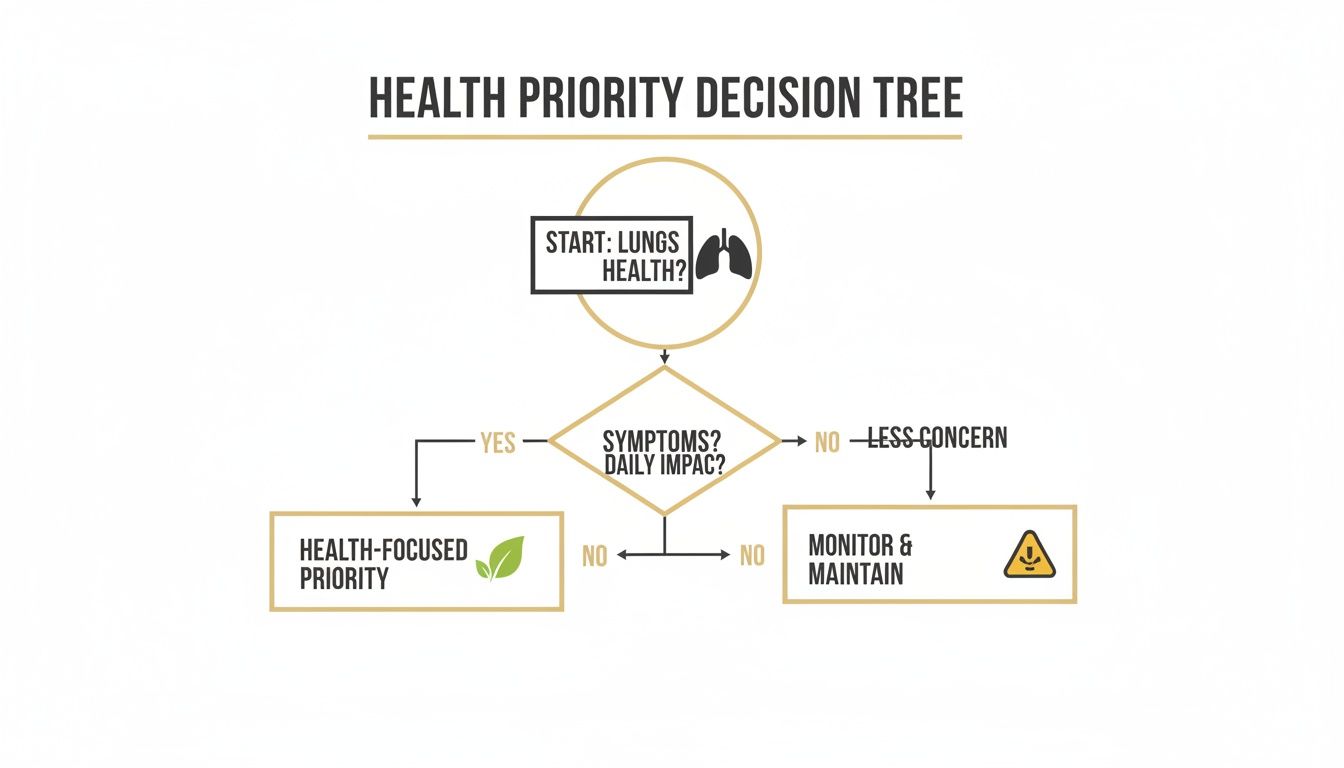 A health priority decision tree flowchart for assessing lung health and symptoms.