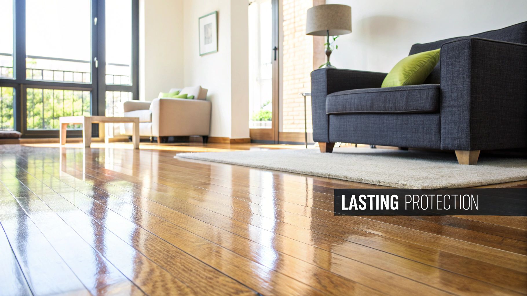 Shiny hardwood floors reflect light in a bright modern living room with a sofa and windows.