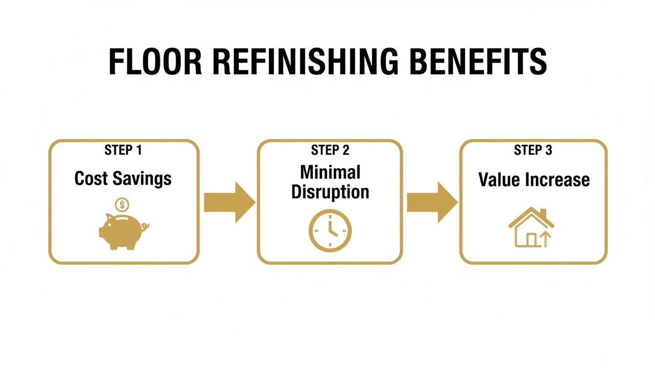 Flowchart illustrating three benefits of floor refinishing: cost savings, minimal disruption, and value increase.