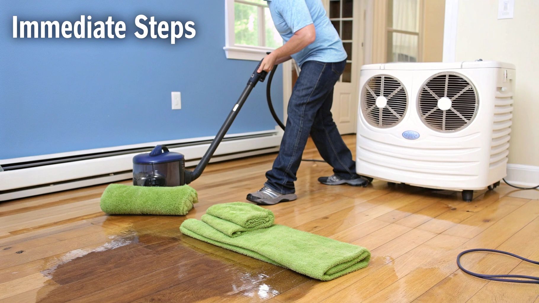 Homeowner drying a water-damaged wood floor with a towel