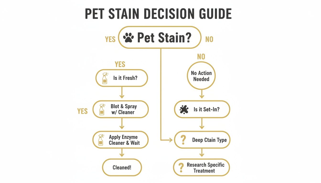 A pet stain decision guide flowchart illustrating steps for fresh versus set-in pet stain removal.