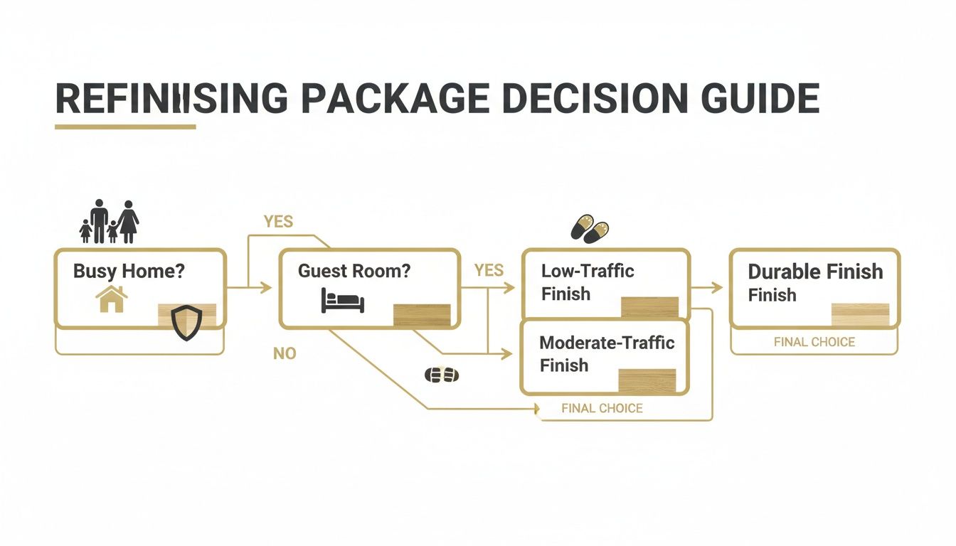 Flowchart showing refinishing package decisions for wood floors, considering home busyness and room traffic.