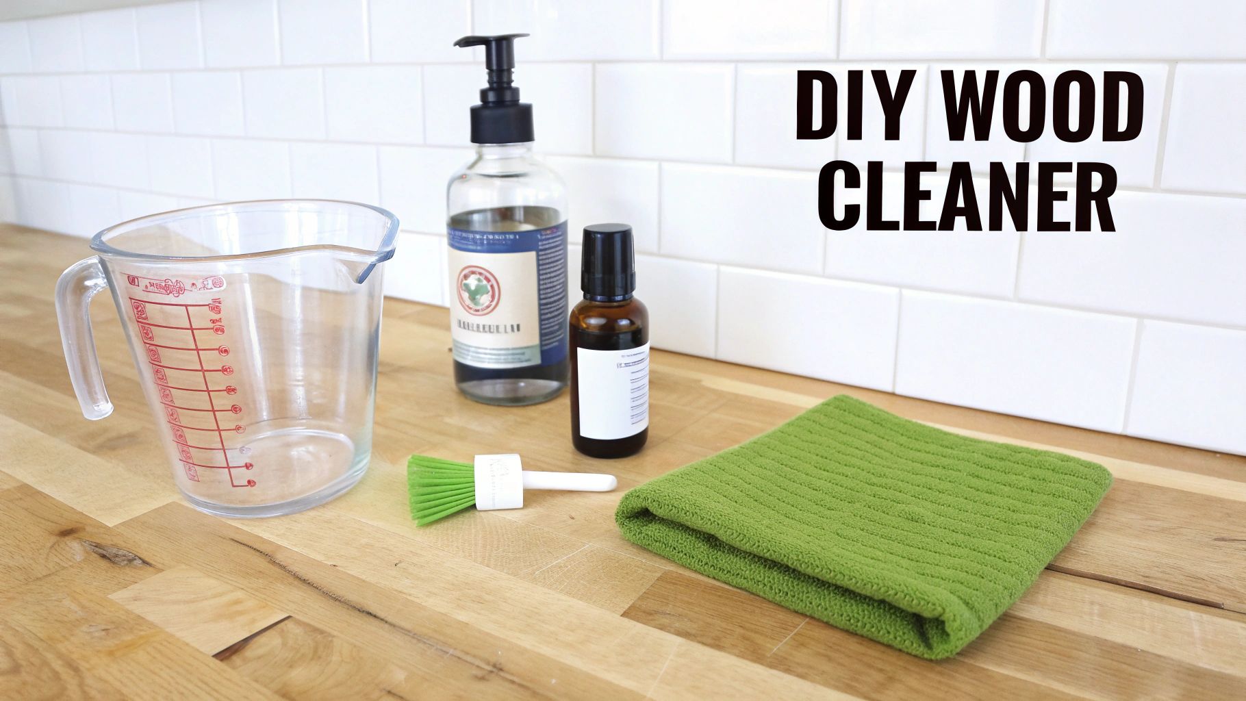 Ingredients and tools for making a DIY wood cleaner, including a measuring cup, soap, essential oil, brush, and cloth on a wood counter.