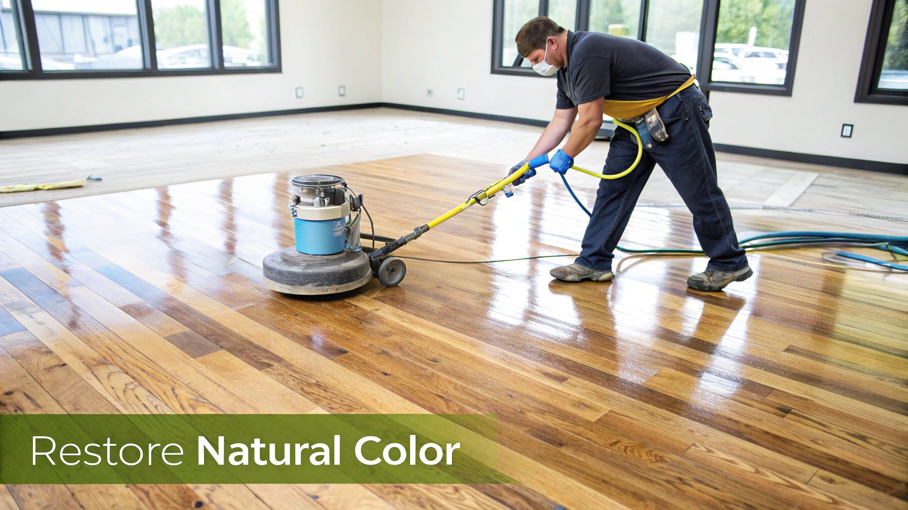 A professional deep cleaning a hardwood floor, showing the contrast between the cleaned and uncleaned sections.