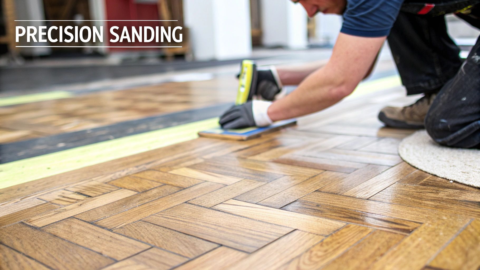 A skilled technician carefully sanding a parquet wood floor with specialized equipment