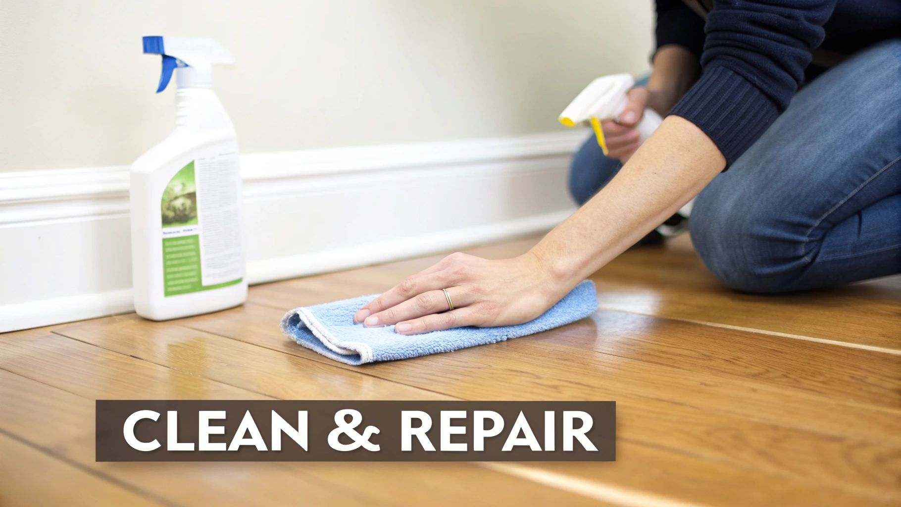 A person on their knees cleaning a shiny wooden floor with a spray bottle and a blue microfiber cloth.