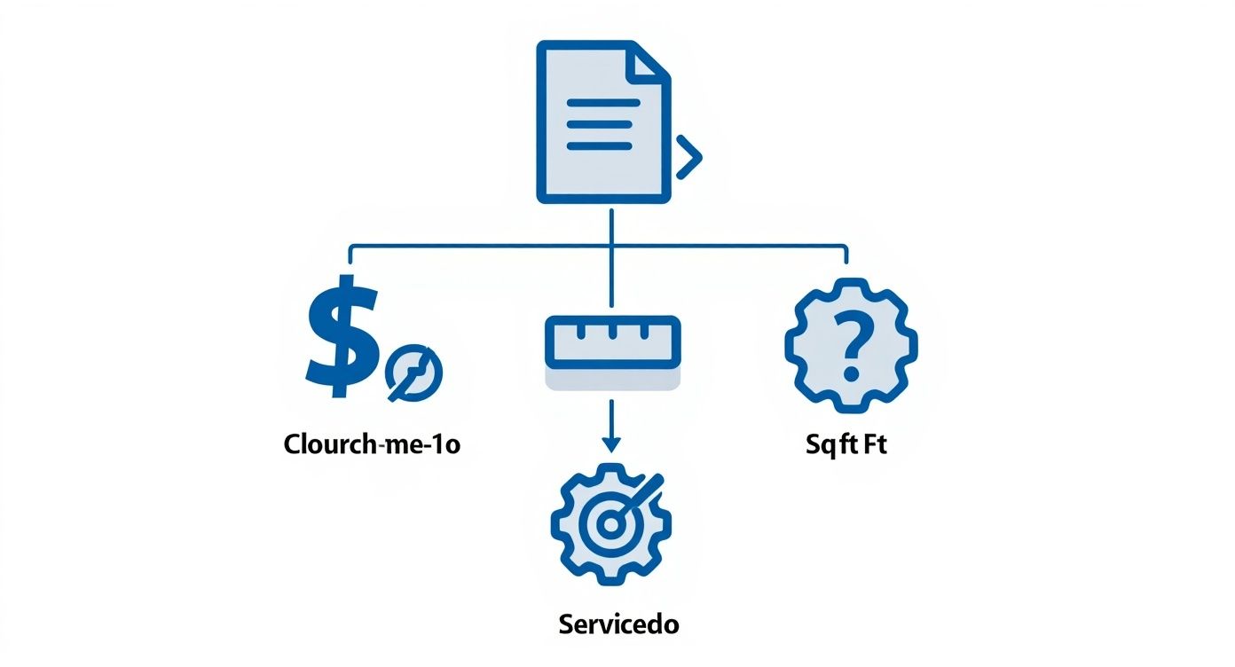 Diagram illustrating a document input leading to cost, measurement, and service calculation icons.