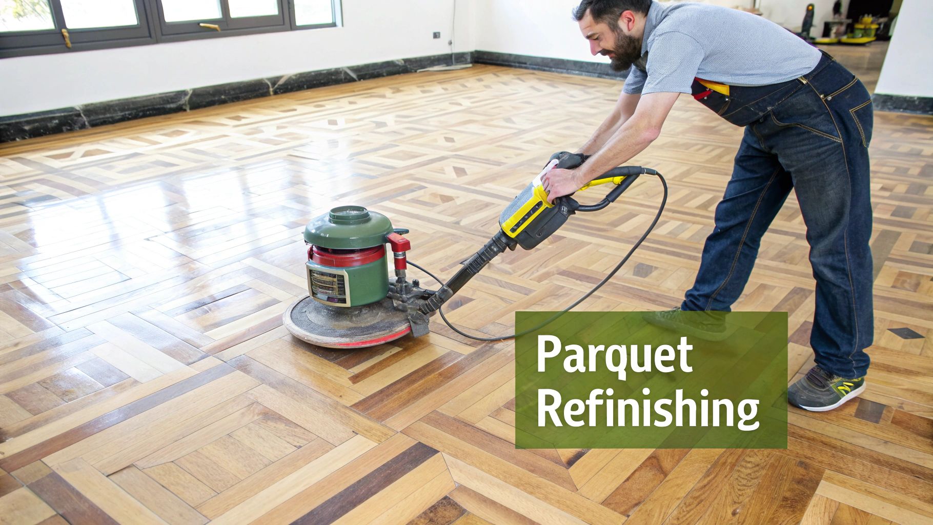 A skilled technician carefully applying finish to a newly sanded parquet wood floor, highlighting the intricate pattern and fresh wood grain.