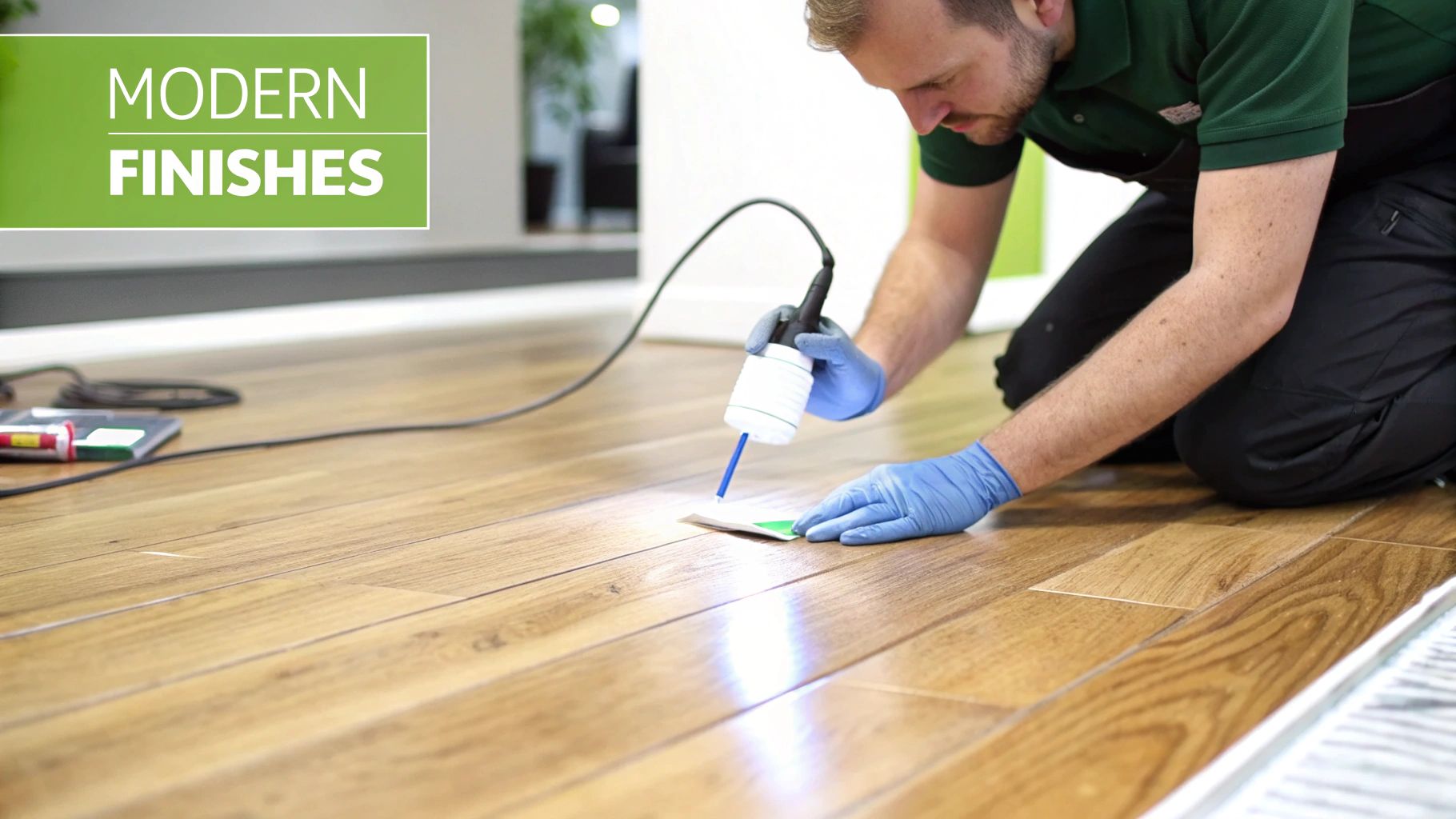 Man in blue gloves carefully applying a modern finish to a light oak wooden floor.