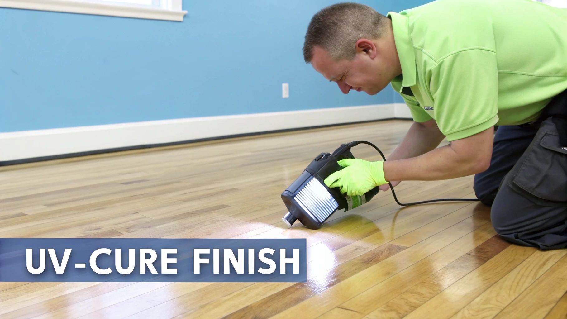 A man applies a UV-cure finish to a shiny wooden floor using a handheld UV light.