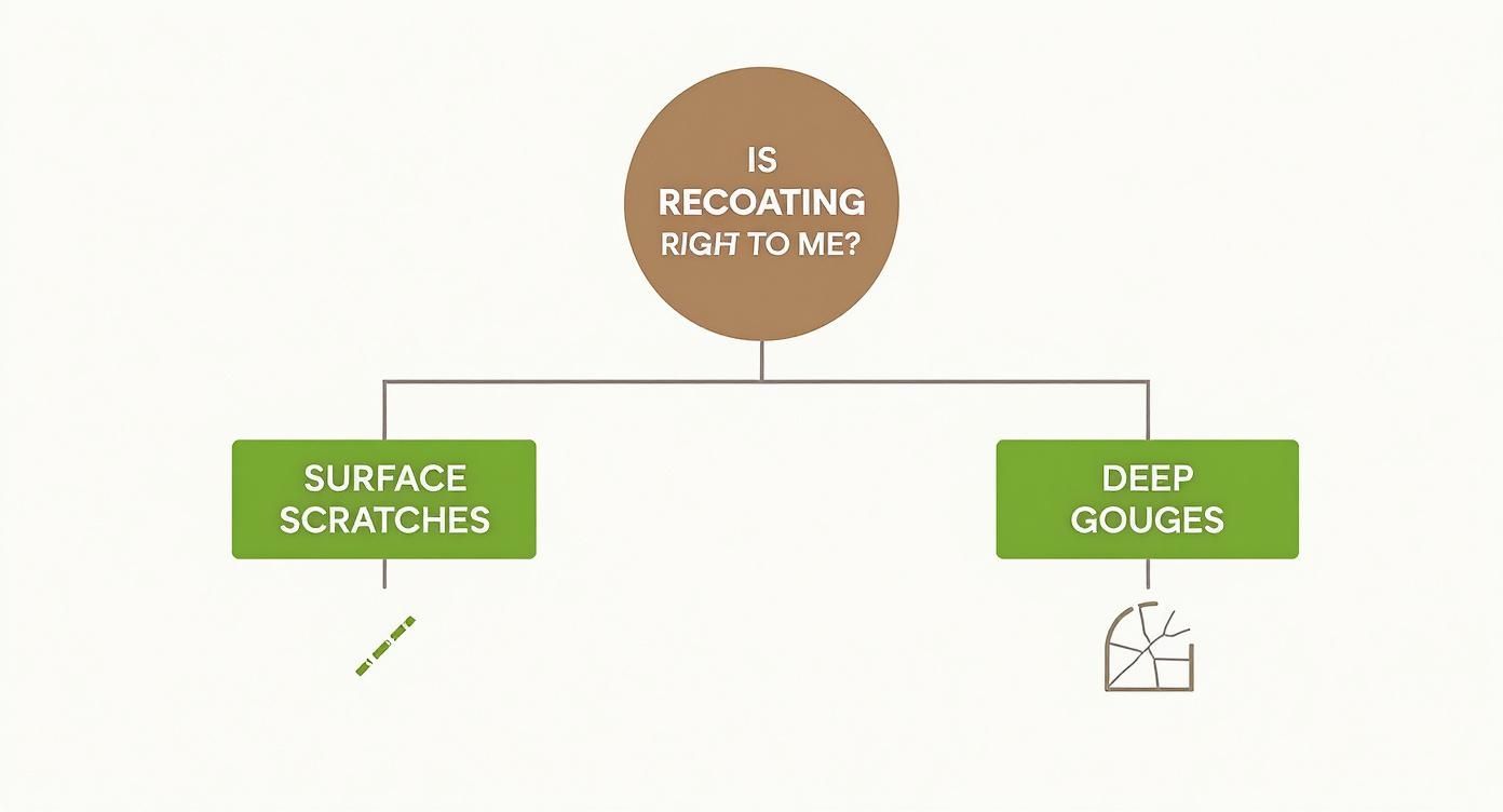 Decision flowchart showing when to recoat hardwood floors based on surface scratches or deep gouges