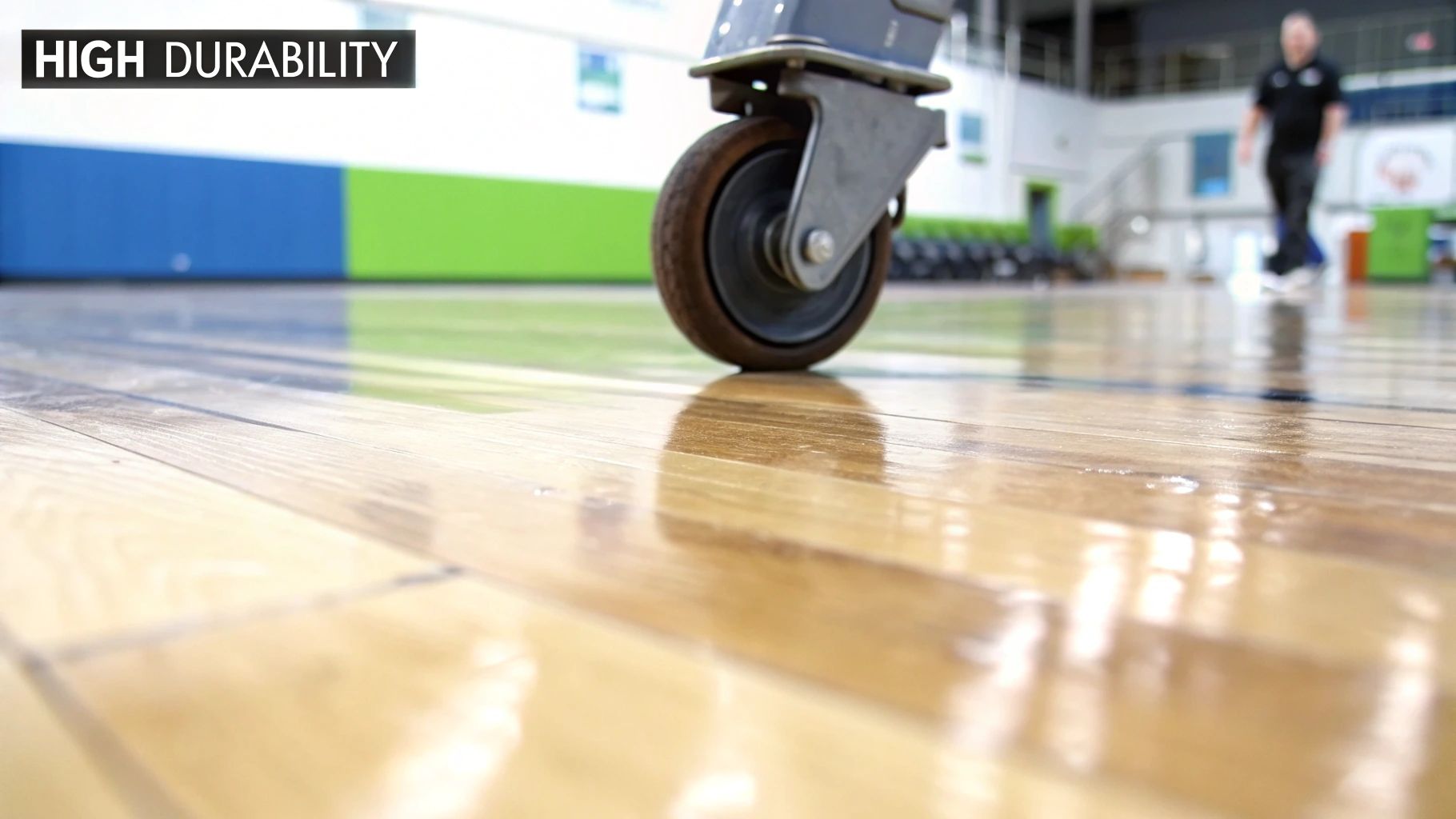 A close-up view of a caster wheel rolling on a highly durable, glossy wooden floor.