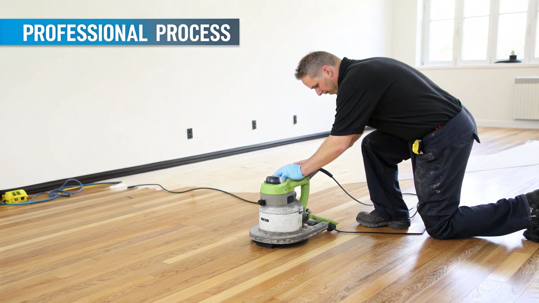 A professional applying sealant to a newly sanded hardwood floor.