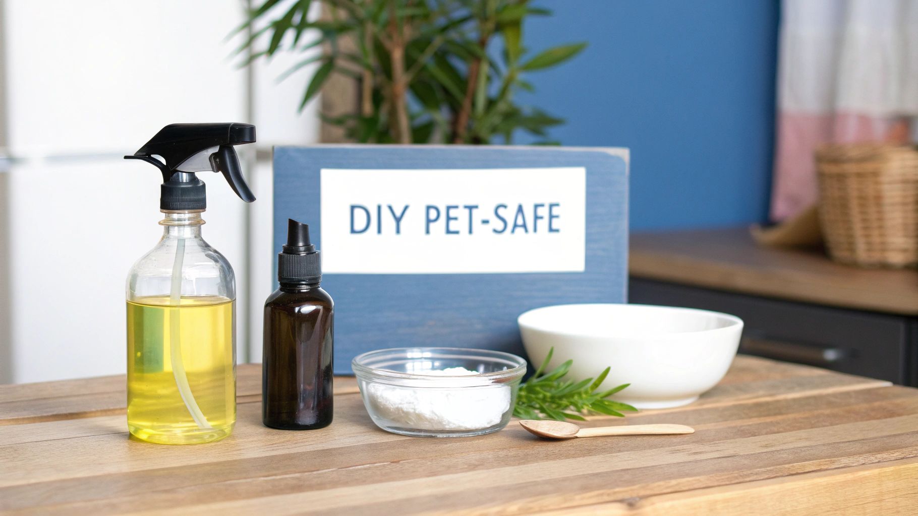 Ingredients for DIY pet-safe cleaning solutions, including spray bottles and powders, on a wooden table.